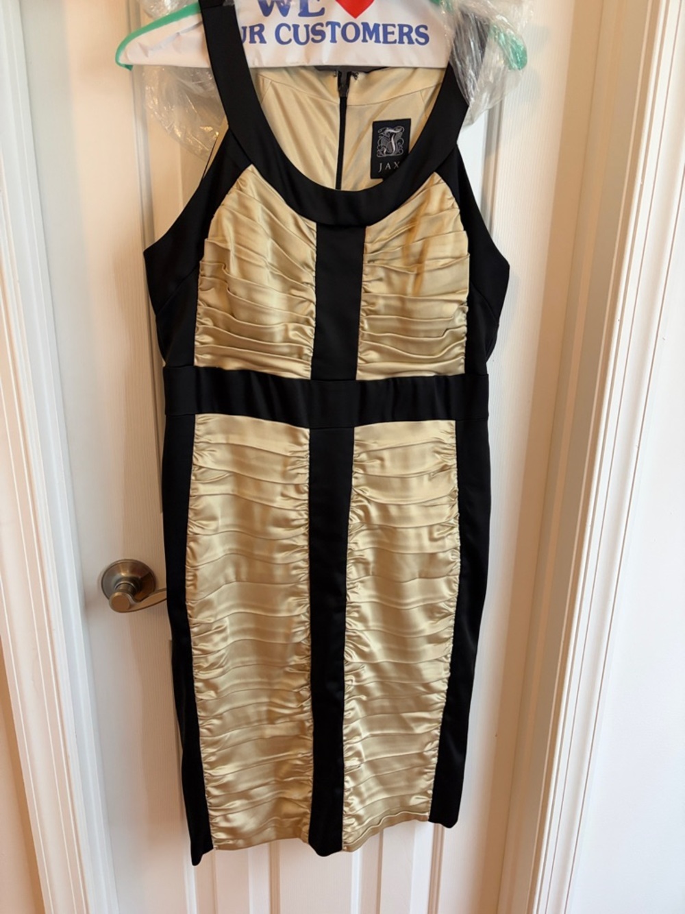 Jax Gold and Black Ruched Satin Midi Dress